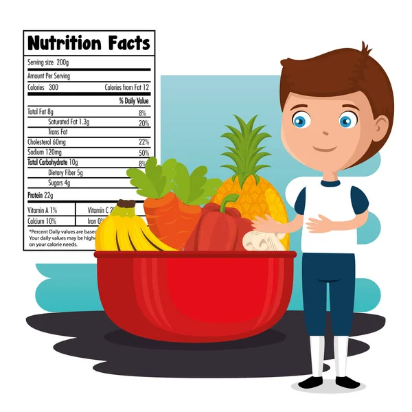 Menino feliz com fatos de nutrição — Vetor de Stock