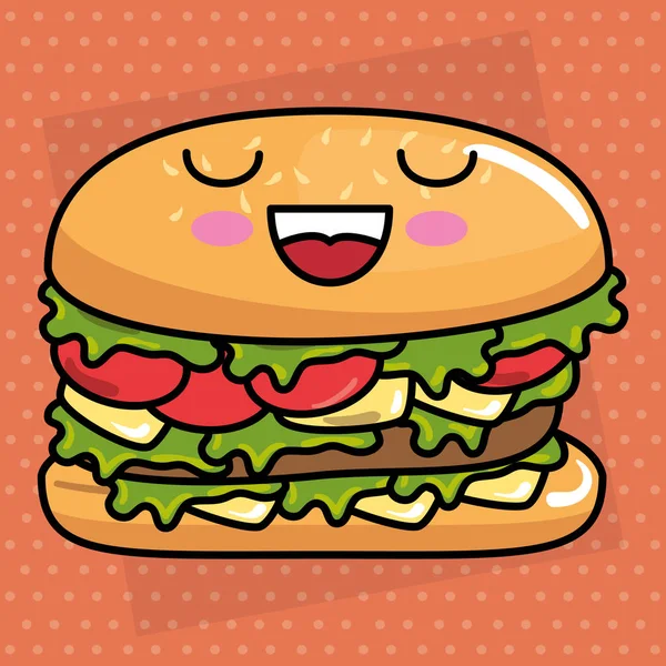 Karakter burger kawaii yang lezat - Stok Vektor