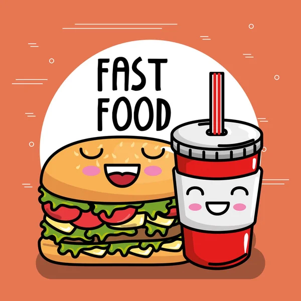 Soda kawaii karakteri ile lezzetli burger — Stok Vektör