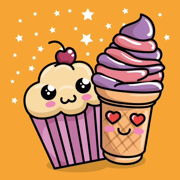 Dulce cupcake con helado kawaii carácter — Vector de stock