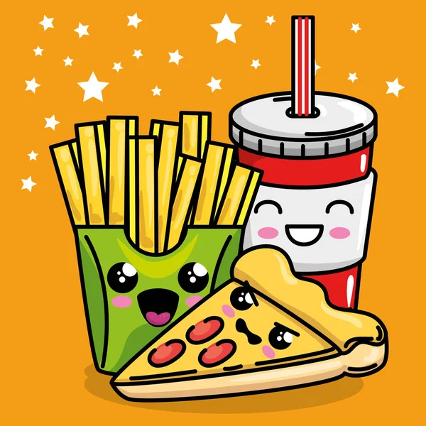 Pizza and french fries with soda kawaii character — Stock Vector