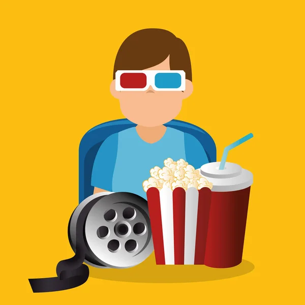 Mladý muž s brýlemi 3d a kino ikony — Stockový vektor