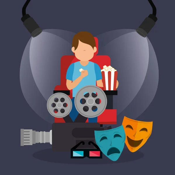 Joven con iconos cinematográficos — Vector de stock