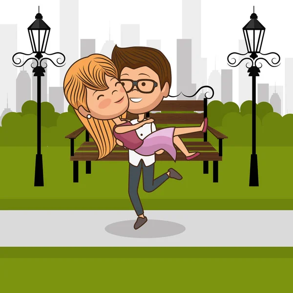 Pareja enamorada en park chair — Vector de stock