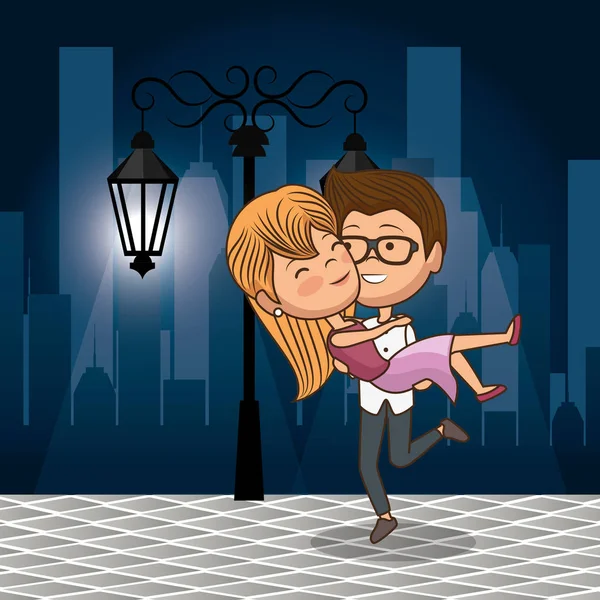 Couple in love on the street at night — Stock Vector