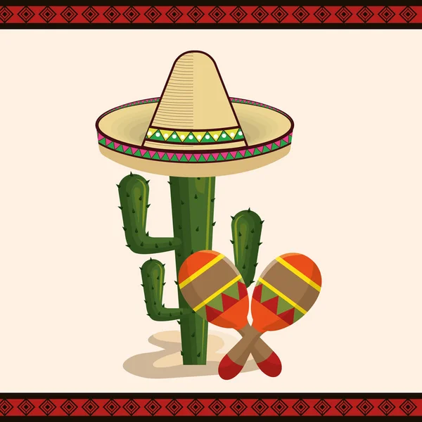 Cactus met Mexicaanse cultuur pictogrammen — Stockvector