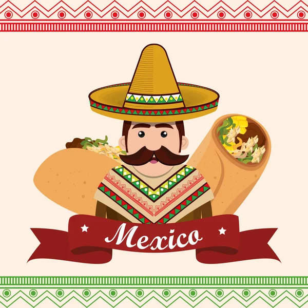 Hombre mexicano personaje con iconos de la cultura — Vector de stock