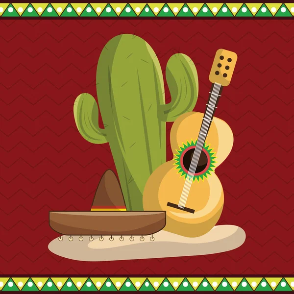 Cactus with mexican culture icons — Stock Vector