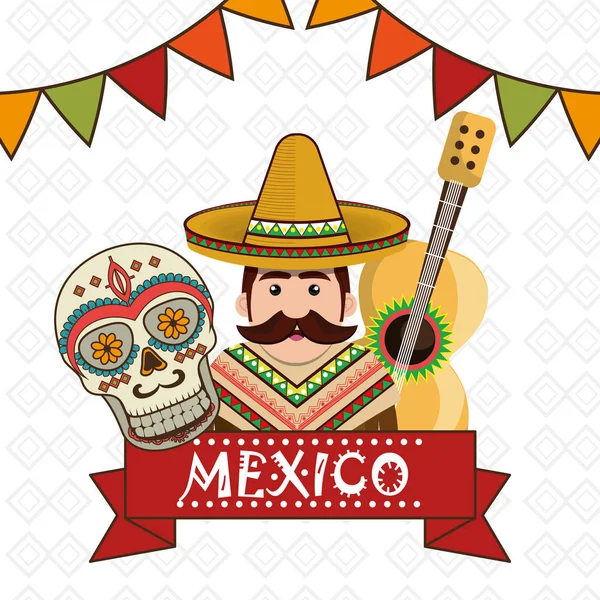 Hombre mexicano personaje con iconos de la cultura — Vector de stock