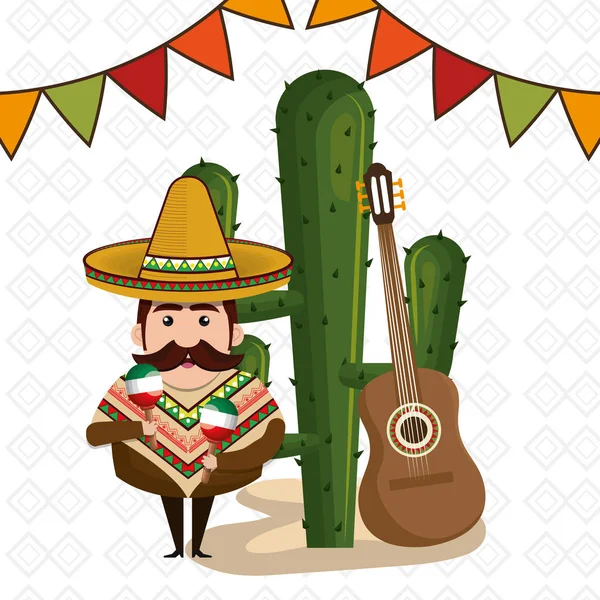 Personagem homem mexicano com ícones da cultura — Vetor de Stock