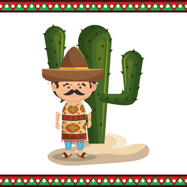 Mexikansk man karaktär med kultur ikoner — Stock vektor