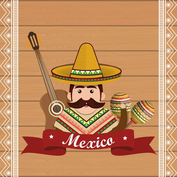 Hombre mexicano personaje con iconos de la cultura — Vector de stock