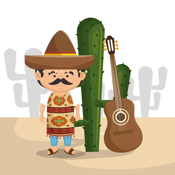 Hombre mexicano personaje con iconos de la cultura — Vector de stock