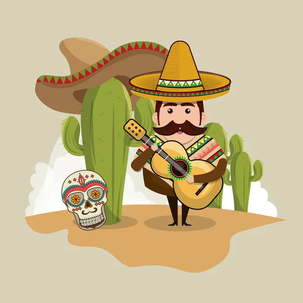 Mexican man character with culture icons — Stock Vector
