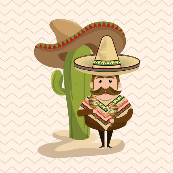 Hombre mexicano personaje con iconos de la cultura — Vector de stock