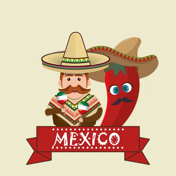 Hombre mexicano personaje con iconos de la cultura — Vector de stock