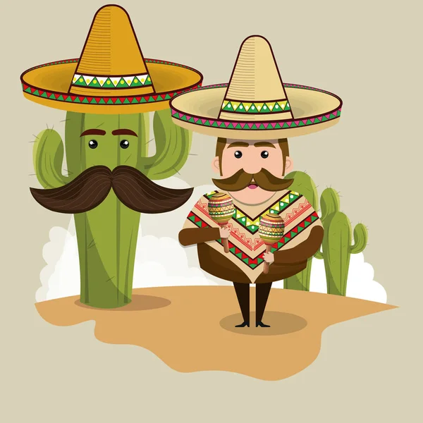 Hombre mexicano personaje con iconos de la cultura — Vector de stock