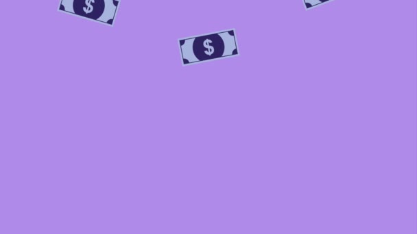 Caída de billetes moneda de dinero sobre fondo púrpura — Vídeos de Stock