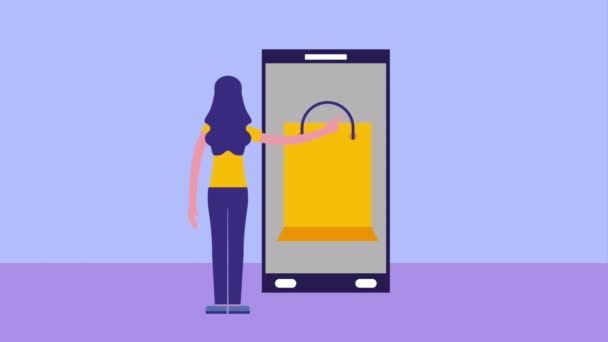 Mujer espalda ver smartphone bolsa de compras en línea — Vídeos de Stock