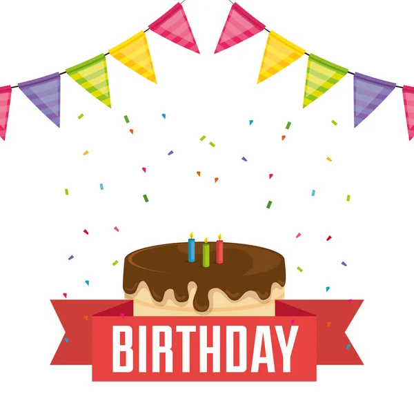 Carte d'anniversaire avec gâteau et guirlandes — Image vectorielle