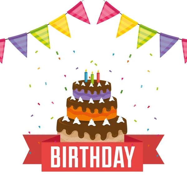 Χαρούμενα γενέθλια κάρτα με κέικ και γιρλάντες — Διανυσματικό Αρχείο