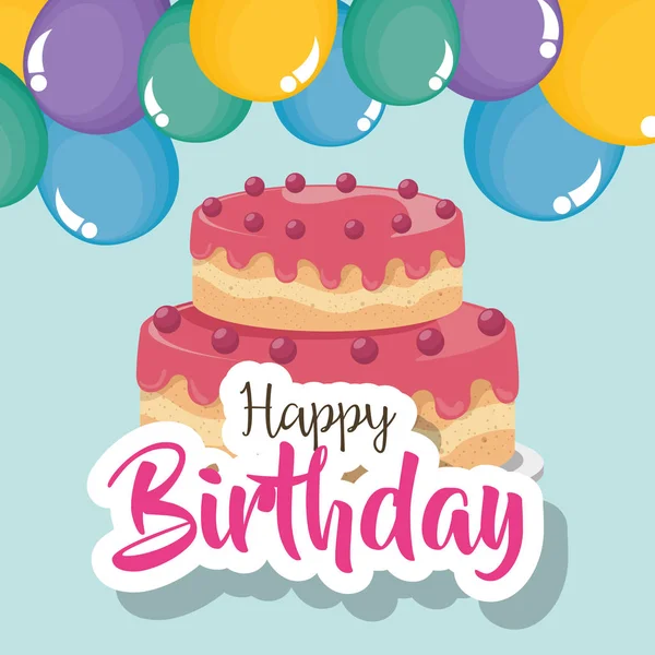 Gelukkige verjaardag-kaart met taart en ballonnen helium — Stockvector