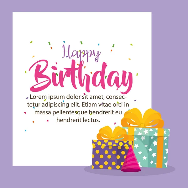 Tarjeta de cumpleaños feliz con regalos — Vector de stock