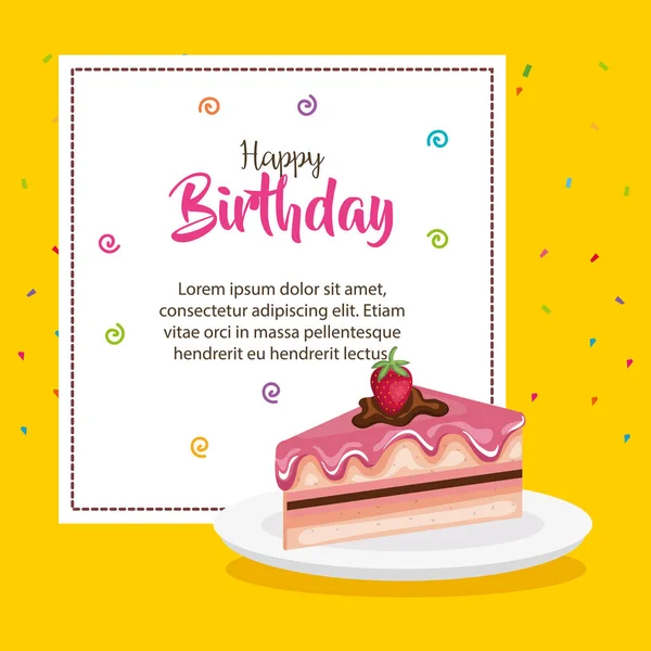 Gelukkige verjaardag-kaart met taart gedeelte — Stockvector