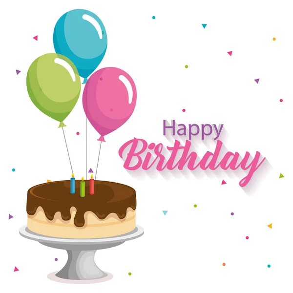 Χαρούμενα γενέθλια κάρτα με κέικ και μπαλόνια ηλίου — Διανυσματικό Αρχείο