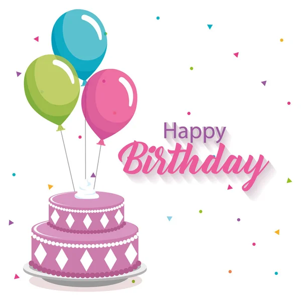 快乐生日贺卡与蛋糕和气球氦矢量插画设计 — 图库矢量图片