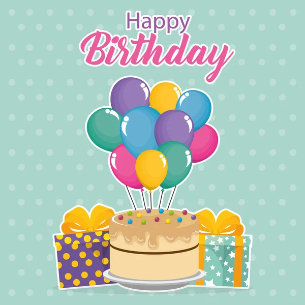 Χαρούμενα γενέθλια κάρτα με κέικ και μπαλόνια ηλίου — Διανυσματικό Αρχείο