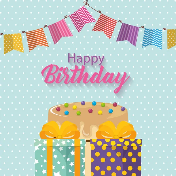 Cartão de aniversário feliz com bolo e guirlandas — Vetor de Stock