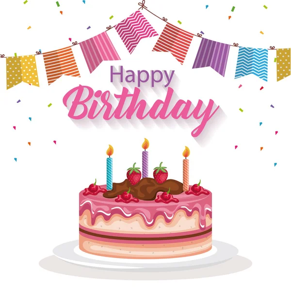 Tarjeta de cumpleaños feliz con pastel y guirnaldas — Vector de stock