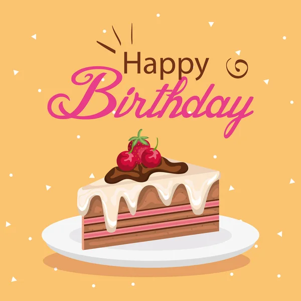 Tarjeta de cumpleaños feliz con porción de pastel — Vector de stock