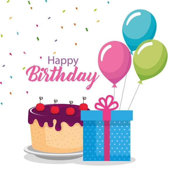 Tarjeta de cumpleaños feliz con pastel y globos de helio — Vector de stock
