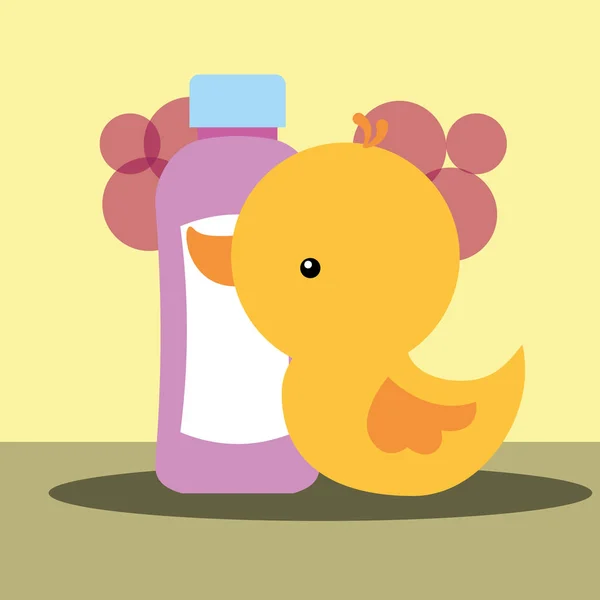 Rubber duck toy and bottle shampoo bathroom — Stock Vector