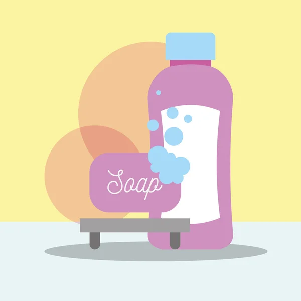 Jabón y botella champú baño limpio — Vector de stock