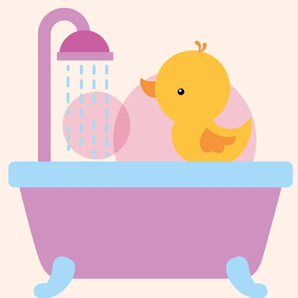 Rubber duck toy on bathtub shower water bathroom — Stockvector