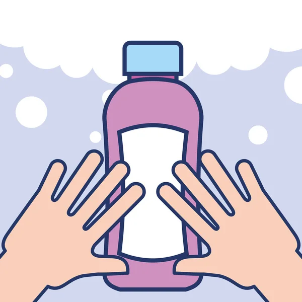 Manos con baño de champú botella — Vector de stock