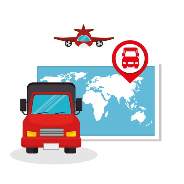 Collezione trasporto concetto mappa camion aereo — Vettoriale Stock