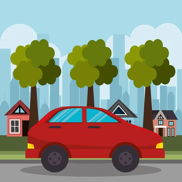 Красный автомобиль пригороде домов и деревьев — стоковый вектор