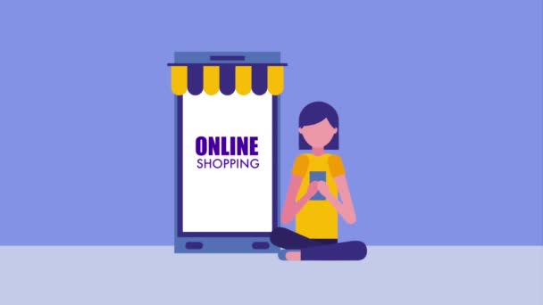 Mujer sentada usando teléfono inteligente icono de la compra en línea ilustración vectorial — Vídeos de Stock