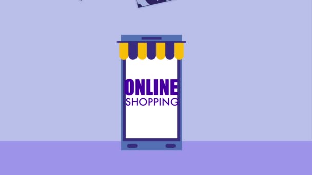 Smartphone banconote denaro shopping online icona vettoriale ilustrazione — Video Stock