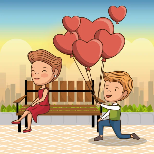 Pareja enamorada en park chair — Vector de stock