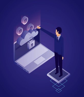 veri ağ işadamı pointend ekran bilgisayar bitcoins bulut asma kilit güvenlik vektör çizim