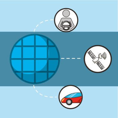 Özerk araba çıkartmaları uydu sinyal adam hadım öküz tekerlek vektör çizim holding