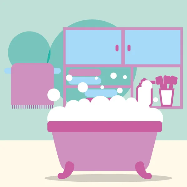 Badewanne Schaum Möbel Zahnbürsten und Handtuch Badezimmer — Stockvektor
