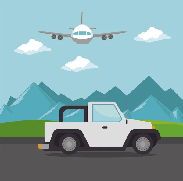 Avião voando com ícone de transporte de jipe — Vetor de Stock