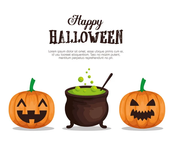 Happy-Halloween-Karte mit Hexenkessel und Pumpking — Stockvektor