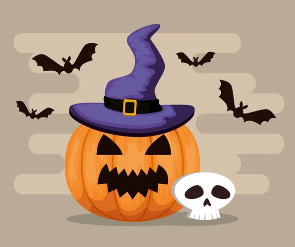 Heureuse carte d'Halloween avec chapeau de sorcière de citrouille — Image vectorielle